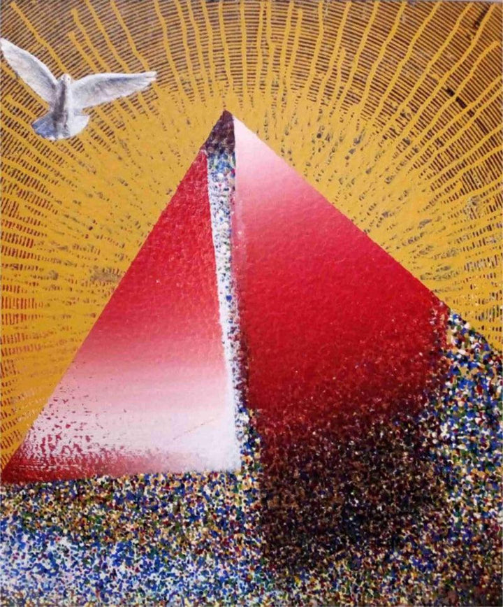 contemporary acrylic painting titled 'Pyramid With Bird', 24x20 inches, by artist Ghanshyam Gupta on Canvas