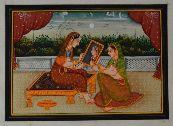 Figurative mughal traditional art titled 'Queen Admiring Self In Mirror', 5x7 inches, by artist Unknown on Silk