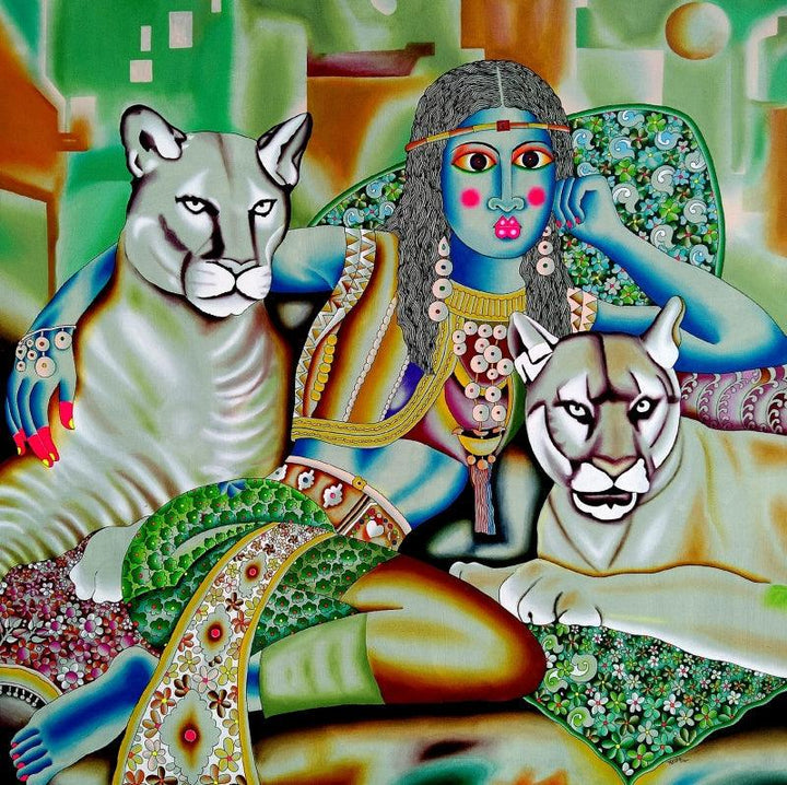 Figurative acrylic painting titled 'Queen And Tigers', 42x42 inches, by artist Ravi Kattakuri on Canvas