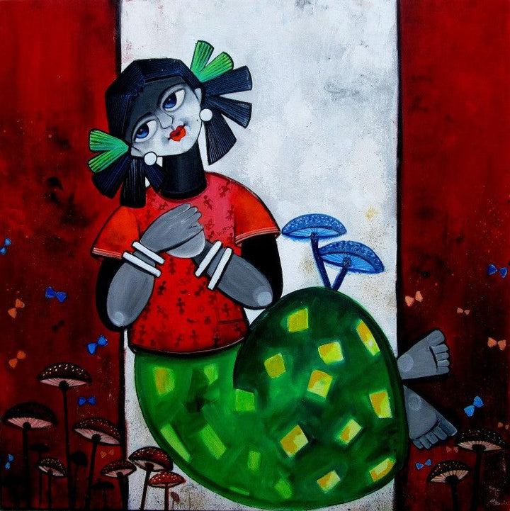 Figurative acrylic painting titled 'QUEEN', 30x30 inches, by artist Sharmi Dey on Canvas