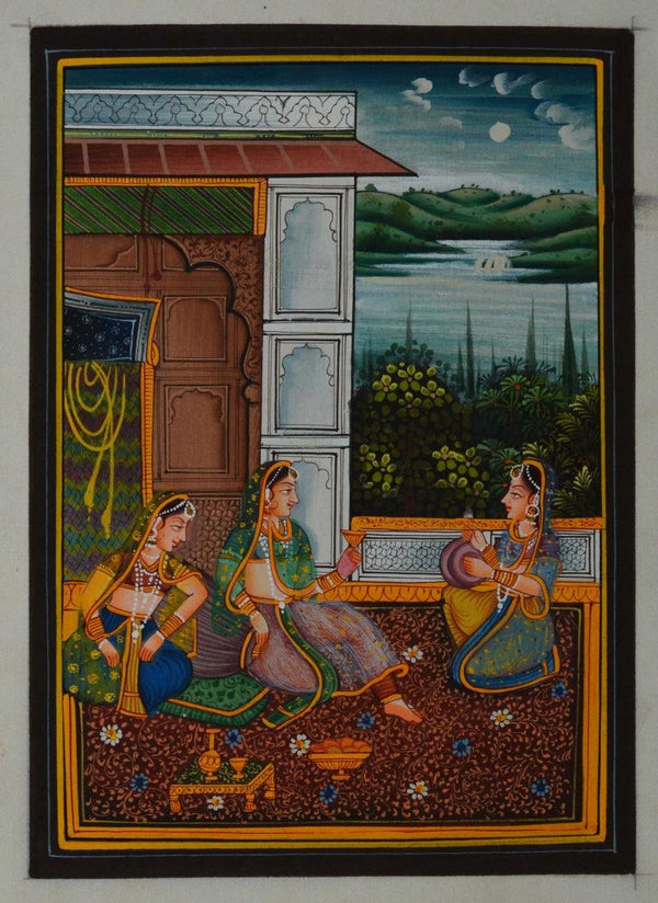 Figurative mughal traditional art titled 'Queen Entertained By Sevikas', 7x5 inches, by artist Unknown on Silk