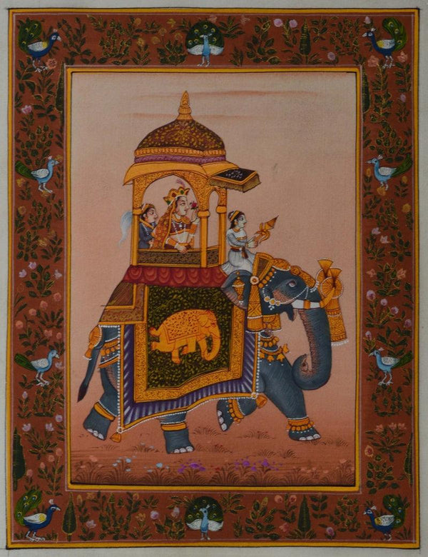 Figurative mughal traditional art titled 'Queen On Ambaari', 8x6 inches, by artist Unknown on Silk