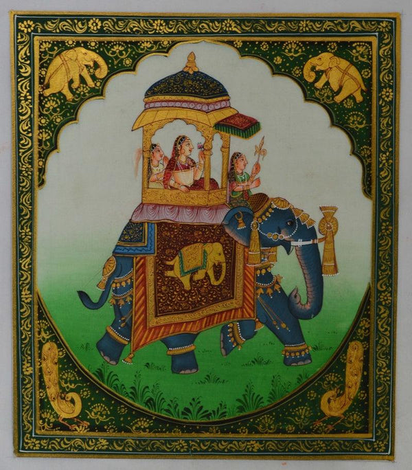 Figurative mughal traditional art titled 'Queen On Elephant', 9x8 inches, by artist Unknown on Silk