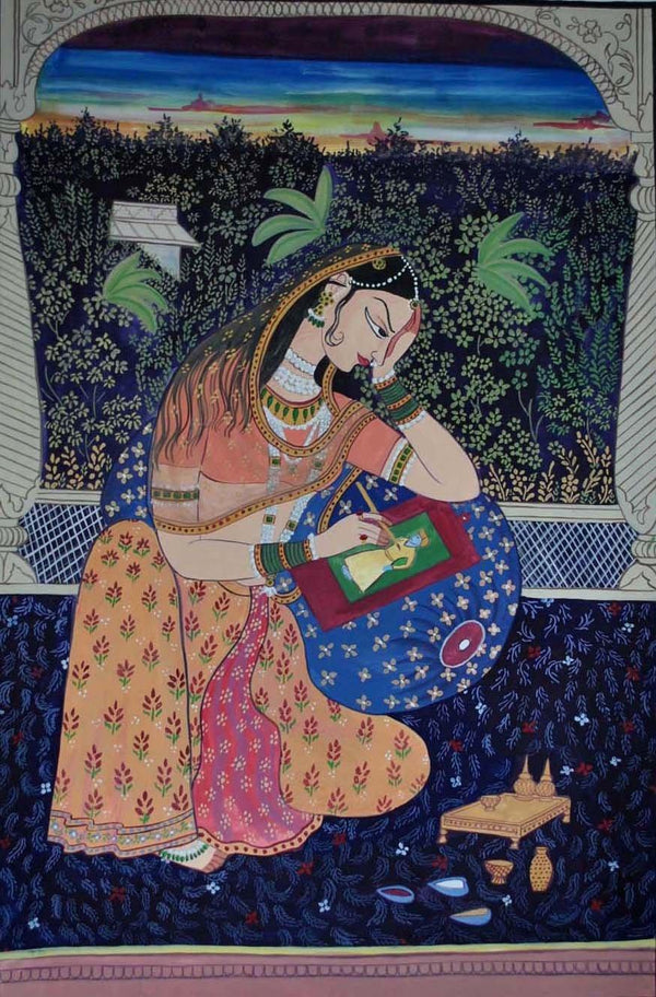 Figurative mixed media painting titled 'queen painting a picture of her lover', 20x13 inches, by artist Radhika Ulluru on Paper