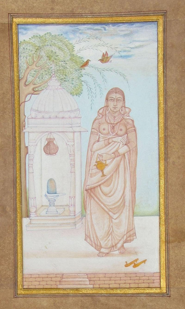 Figurative mughal traditional art titled 'Queen Praying To Lord Shiva', 9x6 inches, by artist Unknown on Paper