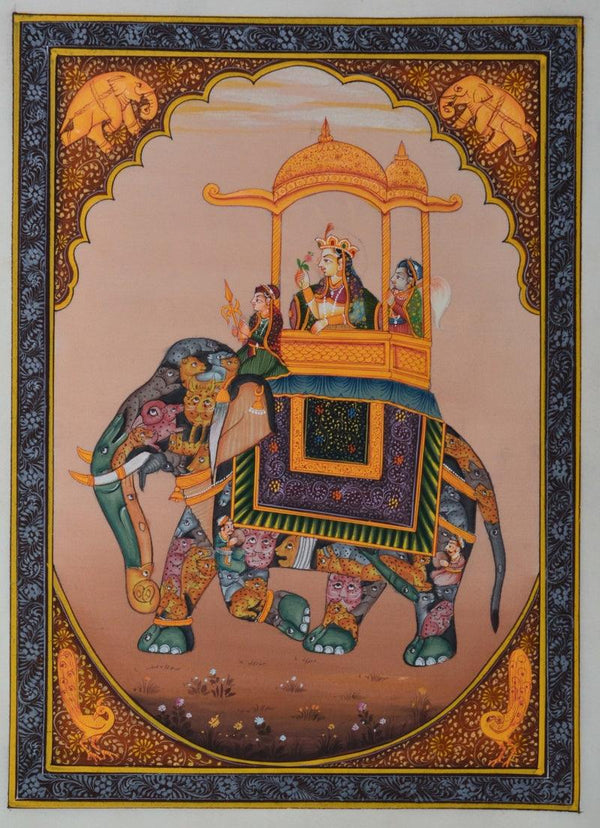 Figurative mughal traditional art titled 'Queen Riding Royal Elephant', 11x8 inches, by artist Unknown on Silk