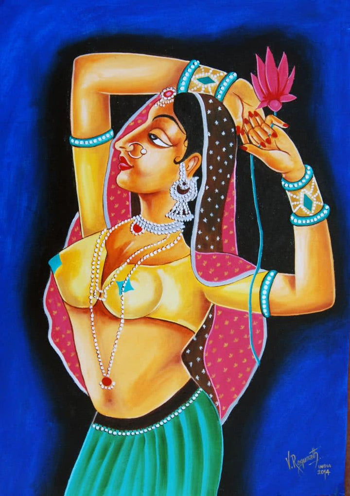 Figurative oil painting titled 'QUEEN WITH LOTUS', 20x14 inches, by artist RAGUNATH on Canvas