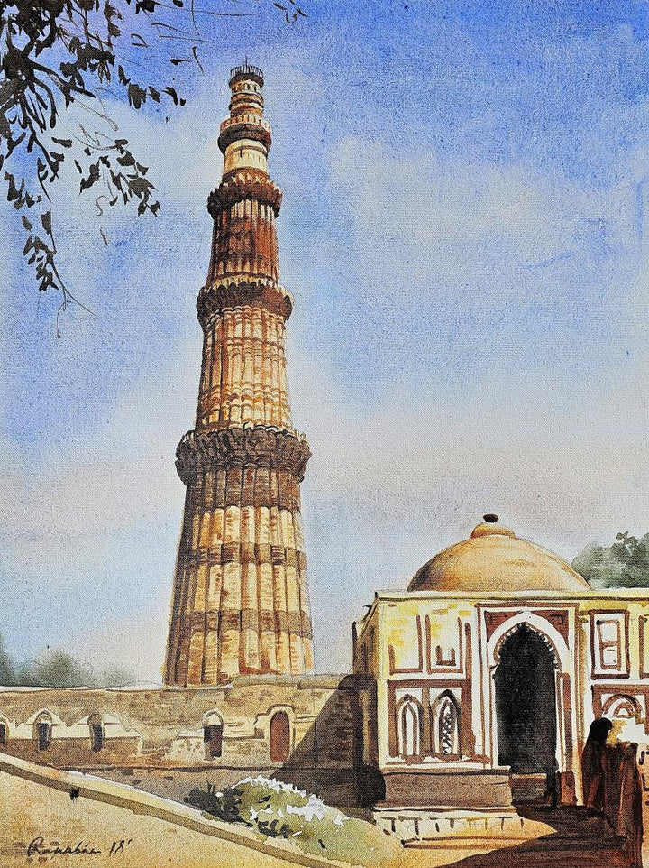 Cityscape acrylic painting titled 'Qutab Minar Delhi', 24x18 inches, by artist Ranabir Saha on Canvas