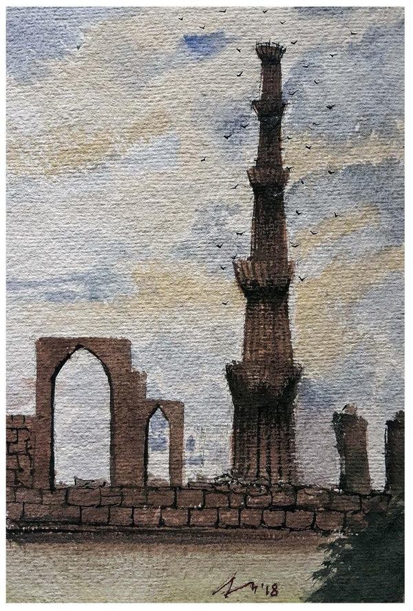 Cityscape watercolor painting titled 'Qutub Minar Old Delhi', 11x7 inches, by artist Arunava Ray on Paper