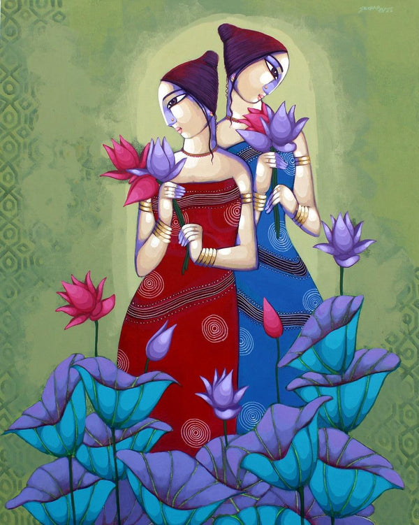 Figurative acrylic painting titled 'Raag Basant', 60x48 inches, by artist Sekhar Roy on Canvas