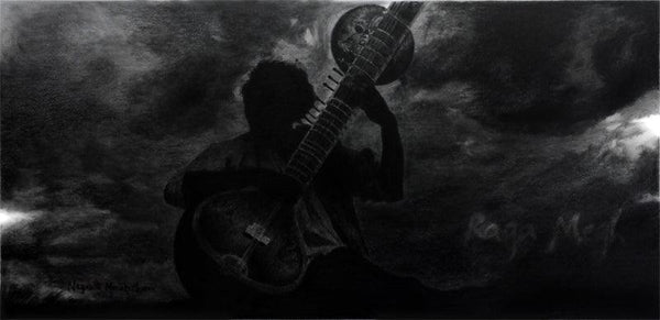 Figurative charcoal painting titled 'Raag Megh', 24x48 inches, by artist Nagnath Mankeshwar on Canvas