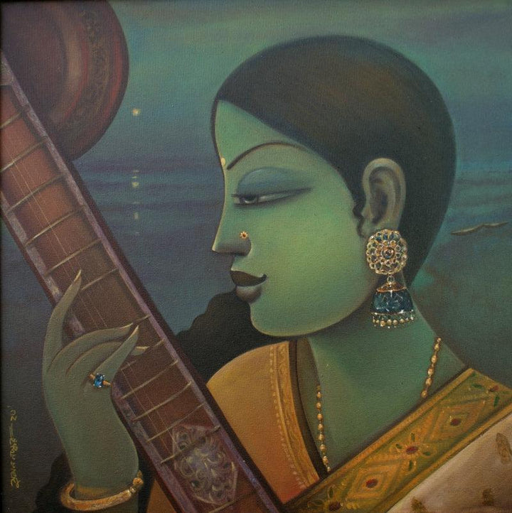 Figurative acrylic painting titled 'Raag Yaman', 24x24 inches, by artist Sumon Naskar on Canvas