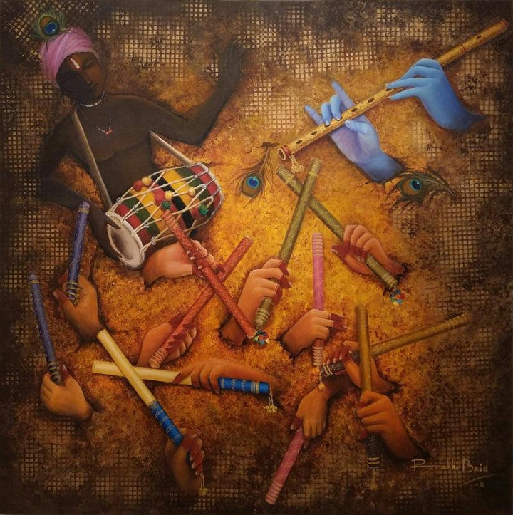 Religious mixed media painting titled 'Raas', 48x48 inches, by artist Rakhi Baid on Canvas