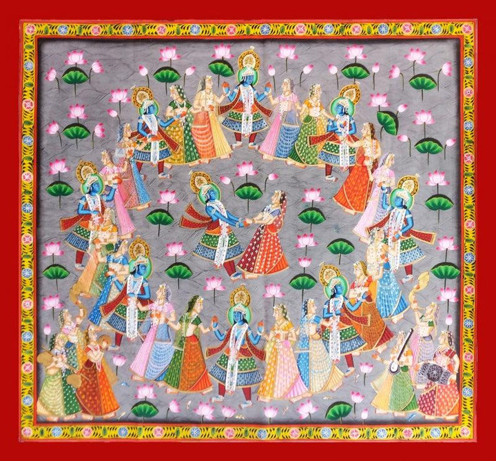 Religious pichwai traditional art titled 'Raasleela', 48x48 inches, by artist Unknown on Cloth