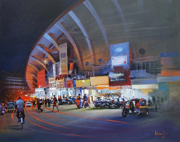 Cityscape acrylic painting titled 'Raat Baaki I', 36x30 inches, by artist Bijay Biswaal on Canvas