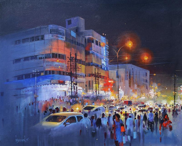 Cityscape acrylic painting titled 'Raat Baaki II', 36x30 inches, by artist Bijay Biswaal on Canvas