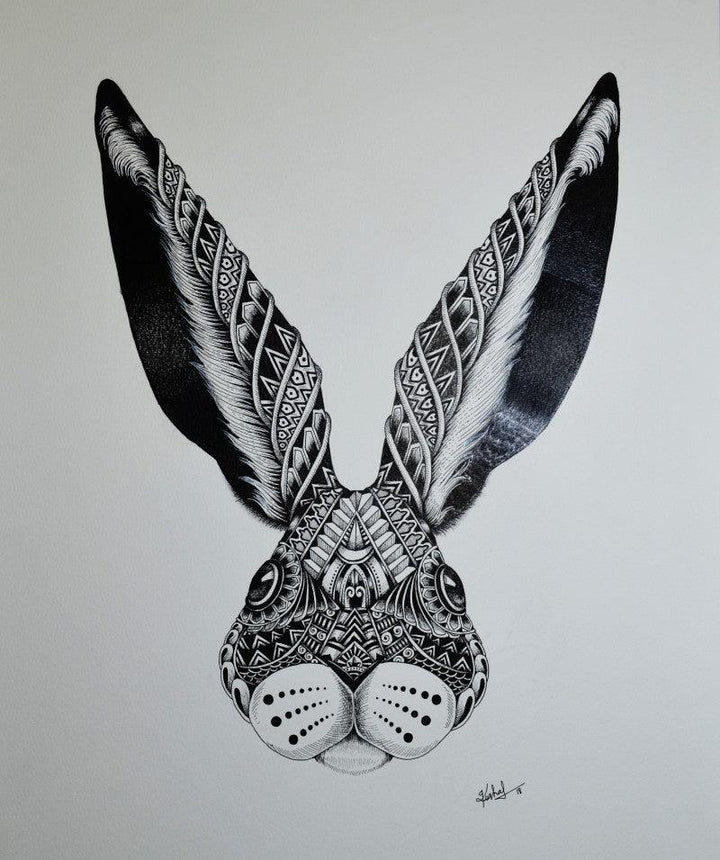 Animals pen drawing titled 'Rabbit', 22x15 inches, by artist Kushal Kumar on Paper