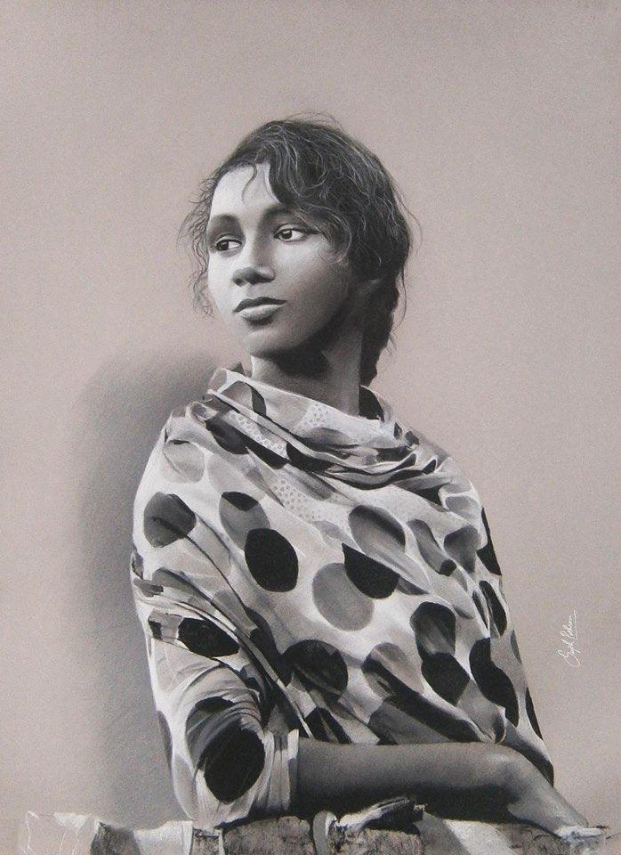 Realistic charcoal drawing titled 'Rachna', 30x22 inches, by artist Sujith Puthran on Paper