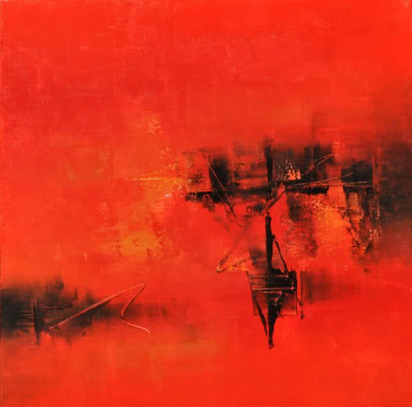 Abstract acrylic painting titled 'Rad ' Red I', 24x24 inches, by artist Raju Durshettiwar on Canvas