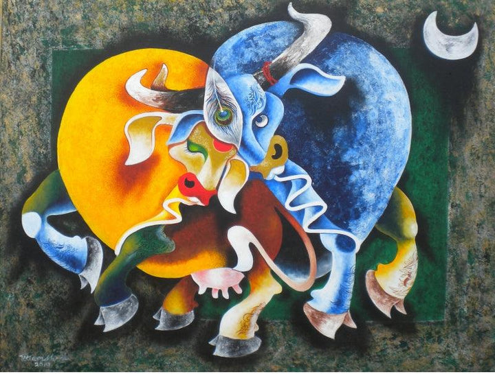 Animals acrylic painting titled 'RADGA AND KRISHNA', 36x48 inches, by artist Uttam Manna on Canvas