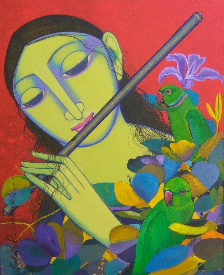 Religious acrylic painting titled 'Radha 2', 19x15 inches, by artist Prakash Deshmukh on Canvas