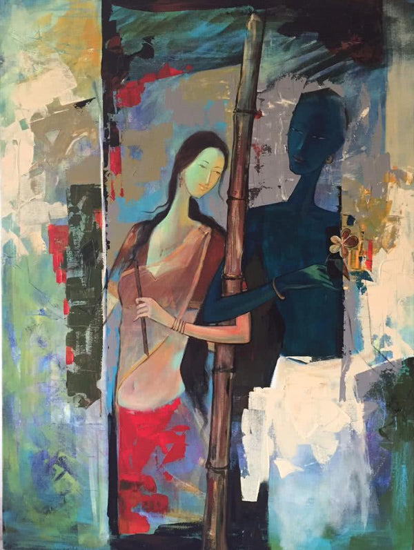 Figurative mixed media painting titled 'Radha and Krishna I', 48x36 inches, by artist Durshit Bhaskar on Canvas