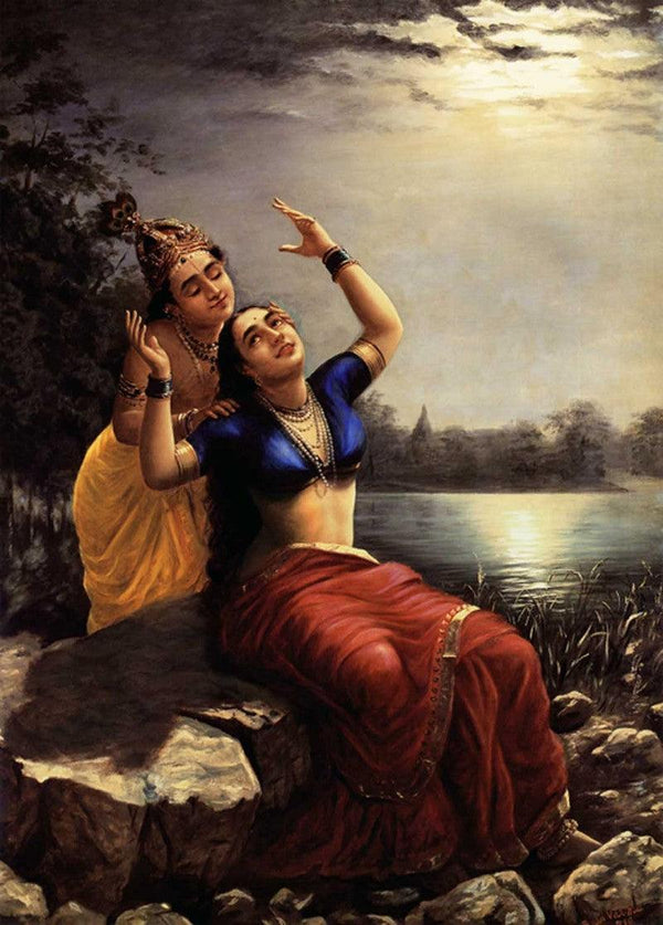 Figurative oil painting titled 'Radha And Madhav', 36x26 inches, by artist Raja Ravi Varma Reproduction on Canvas