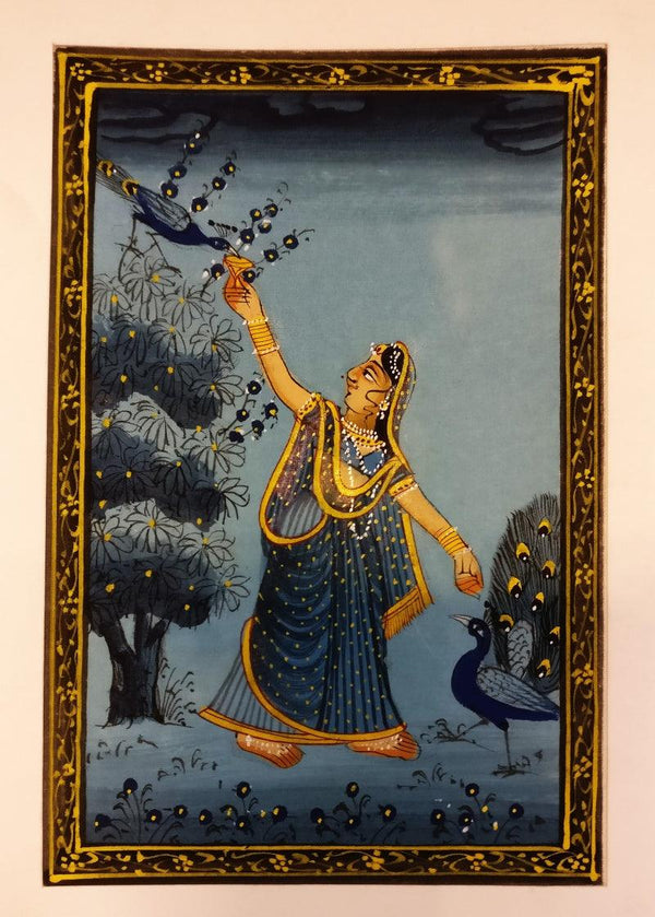 Folk Art watercolor painting titled 'Radha dancing with peacocks Miniature', 5x7 inches, by artist Unknown on silk