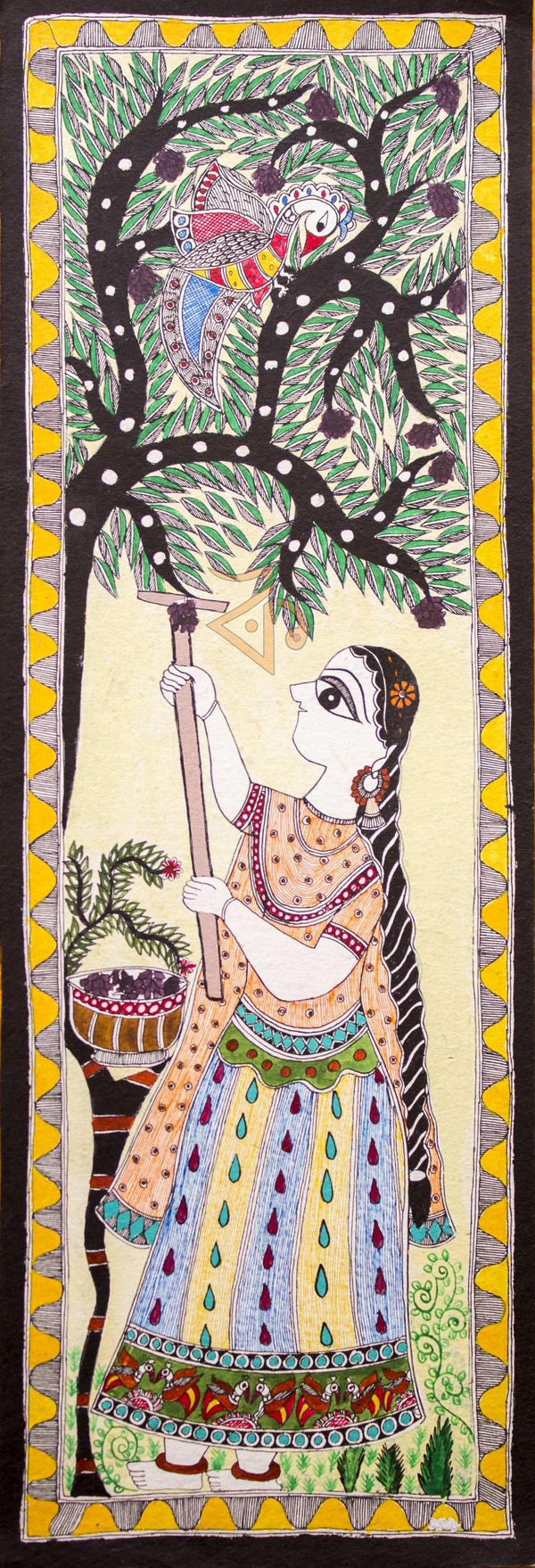 Folk Art madhubani traditional art titled 'Radha Feeding Peacocks Madhubani', 25x10 inches, by artist Kalaviti Arts on Cloth