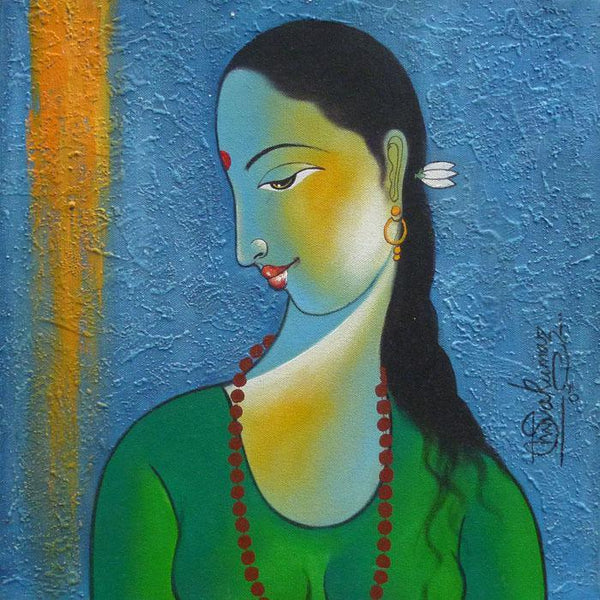 Figurative acrylic painting titled 'Radha I', 15x15 inches, by artist Shivkumar on Canvas