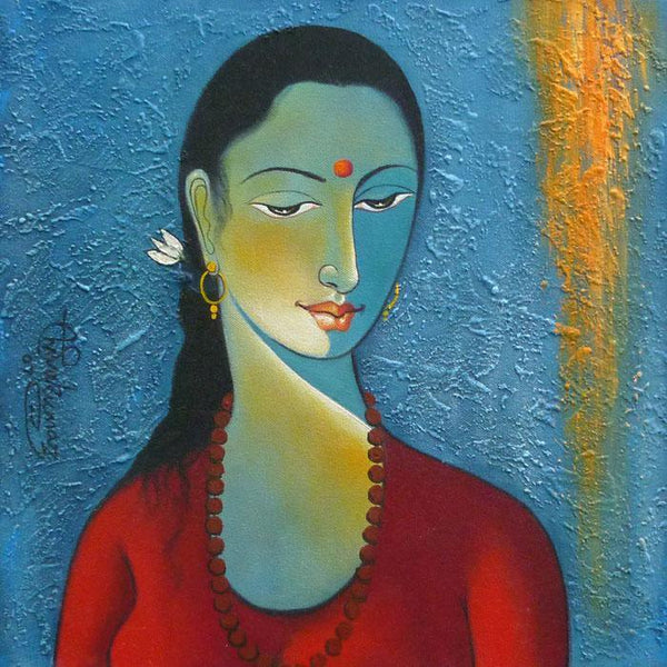 Figurative acrylic painting titled 'Radha II', 15x15 inches, by artist Shivkumar on Canvas