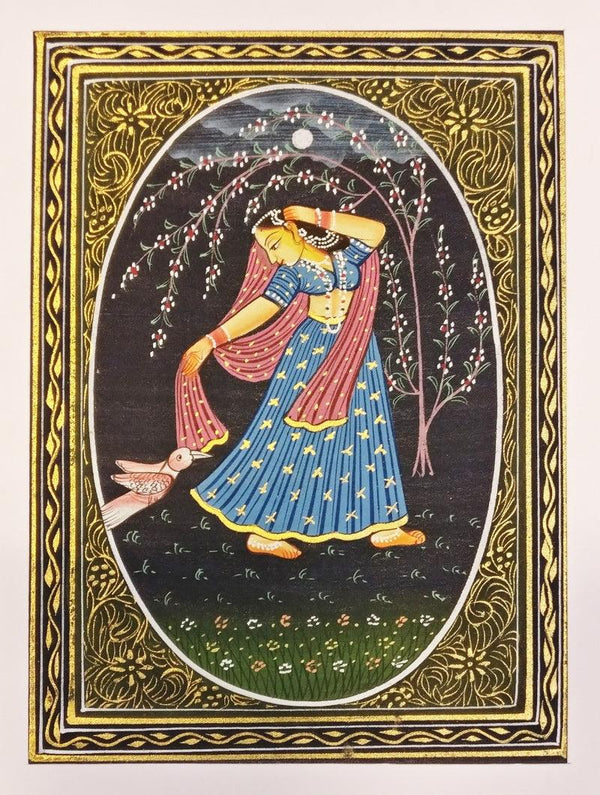 Folk Art watercolor painting titled 'Radha in a dancing portrait', 5x7 inches, by artist Unknown on silk