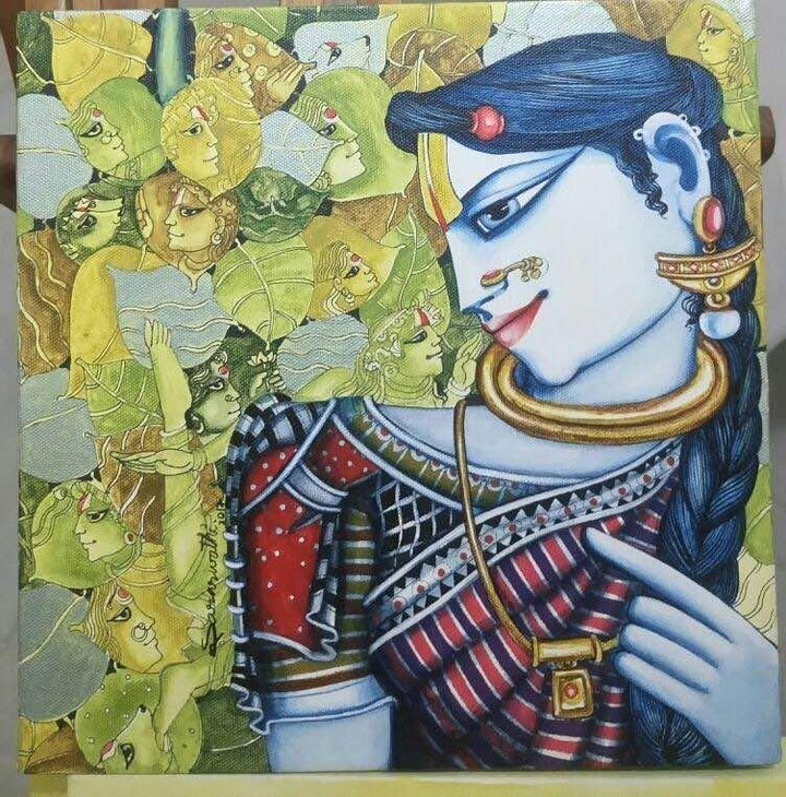 Religious acrylic painting titled 'Radha in Deep Thoughts', 12x12 inches, by artist Saraswathi Lingampally on Canvas