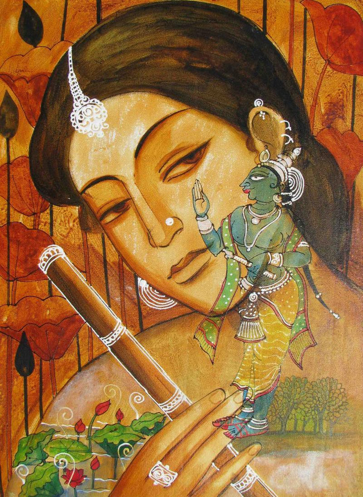 Folk Art acrylic painting titled 'Radha In Thought Of Krishna', 24x18 inches, by artist Pradeep Swain on Canvas