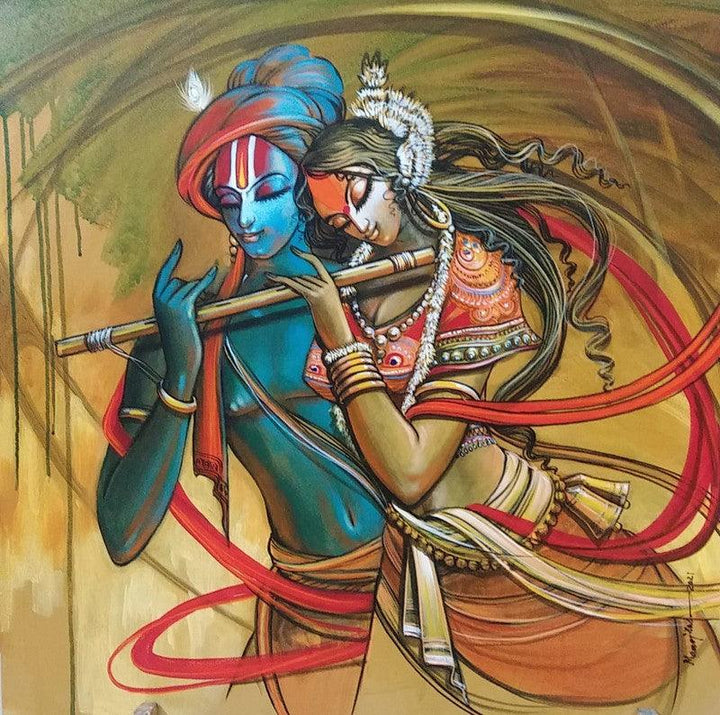 Religious acrylic painting titled 'Radha Krishna 10', 36x36 inches, by artist Manoj Das on Canvas