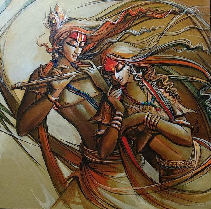 Religious acrylic painting titled 'Radha Krishna 11', 36x36 inches, by artist Manoj Das on Canvas