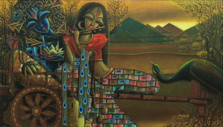 Religious mixed-media painting titled 'Radha Krishna 2', 48x60 inch, by artist Anil Kumar Vishwakarma on Canvas