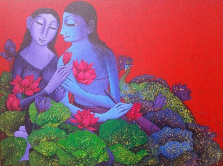 Religious acrylic painting titled 'Radha Krishna 4', 36x48 inches, by artist Prakash Deshmukh on Canvas