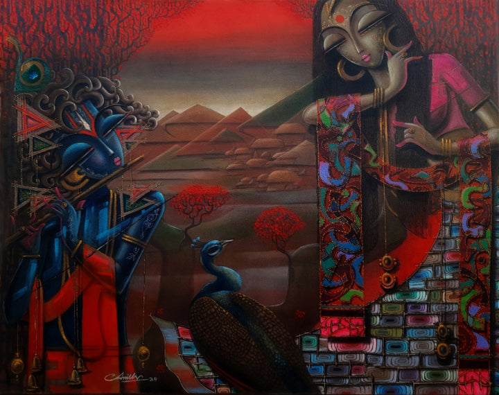 Religious mixed-media painting titled 'Radha Krishna', 48x60 inch, by artist Anil Kumar Vishwakarma on Canvas