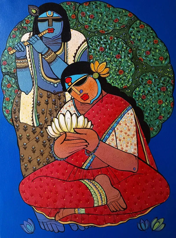 Religious acrylic painting titled 'Radha Krishna', 24x18 inch, by artist Priyanka Chivte on Canvas