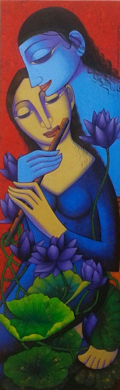 Religious acrylic painting titled 'Radha Krishna 5', 47x15 inches, by artist Prakash Deshmukh on Canvas