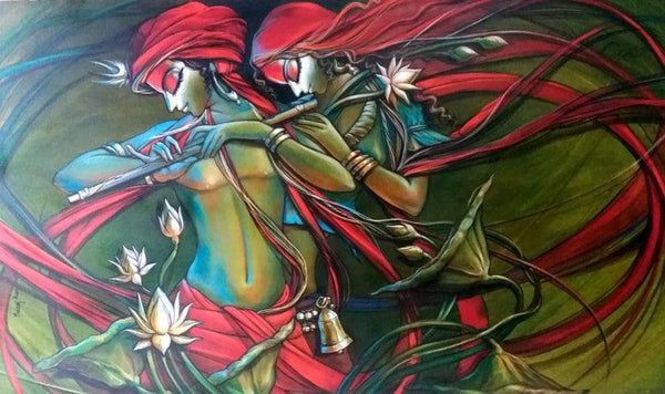 Religious acrylic painting titled 'Radha krishna 6', 36x60 inches, by artist Manoj Das on Canvas