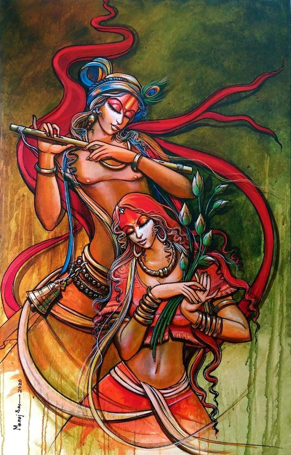 Religious acrylic painting titled 'Radha Krishna 8', 48x30 inches, by artist Manoj Das on Canvas