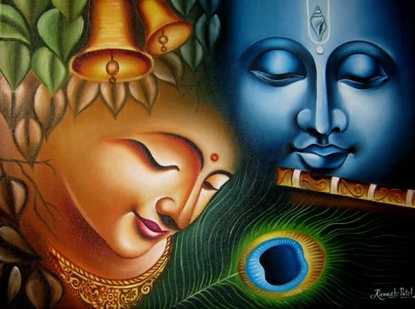 Religious oil painting titled 'Radha krishna 8 painting', 18x24 inches, by artist Ramesh on Canvas