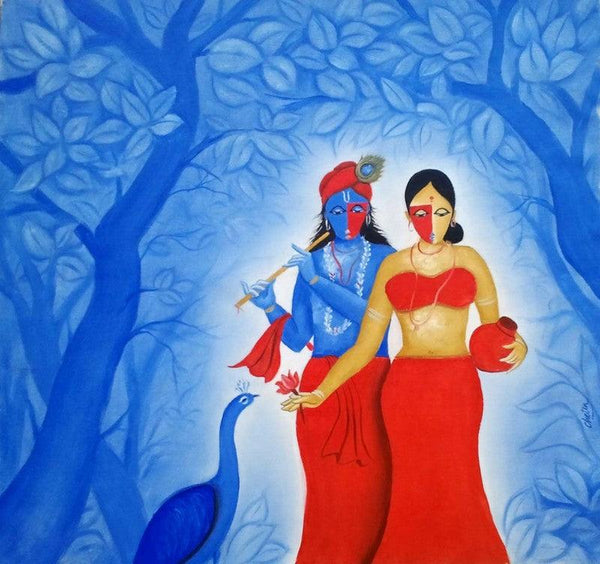 Religious oil painting titled 'Radha Krishna', 30x30 inches, by artist Chetan Katigar on Canvas