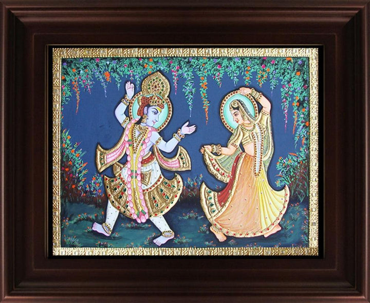 Religious tanjore traditional art titled 'Radha Krishna Dancing Tanjore Painting', 24x18 inches, by artist Myangadi Tanjore on Plywood