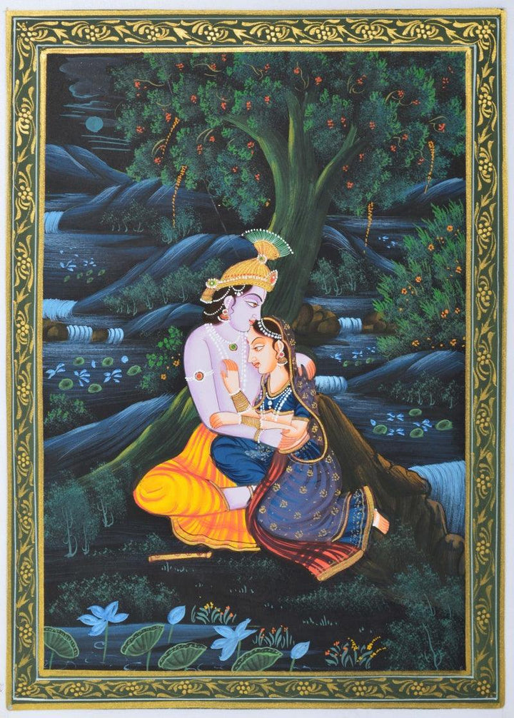 Religious miniature traditional art titled 'Radha Krishna Divine Love', 11x8 inches, by artist Unknown on Silk