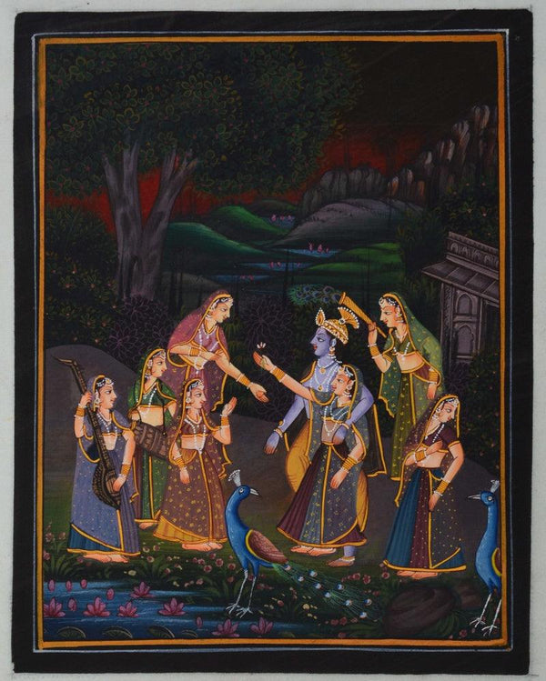 Religious miniature traditional art titled 'Radha Krishna Entertained By Gopis', 9x7 inches, by artist Unknown on Silk