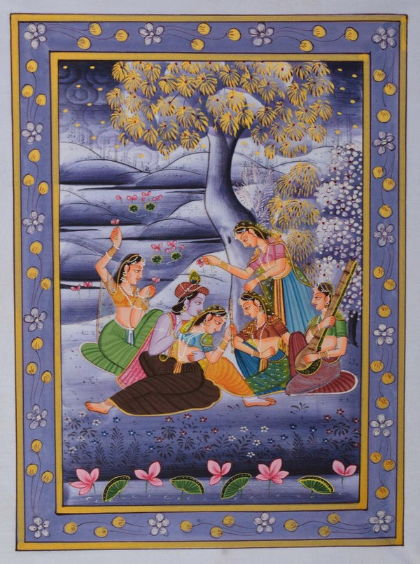 Religious miniature traditional art titled 'Radha Krishna Entertained By Gopis In La', 13x9 inches, by artist Unknown on Silk