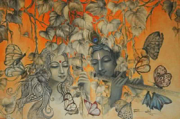 Religious acrylic painting titled 'Radha Krishna III', 24x36 inches, by artist Rakhi Baid on Canvas